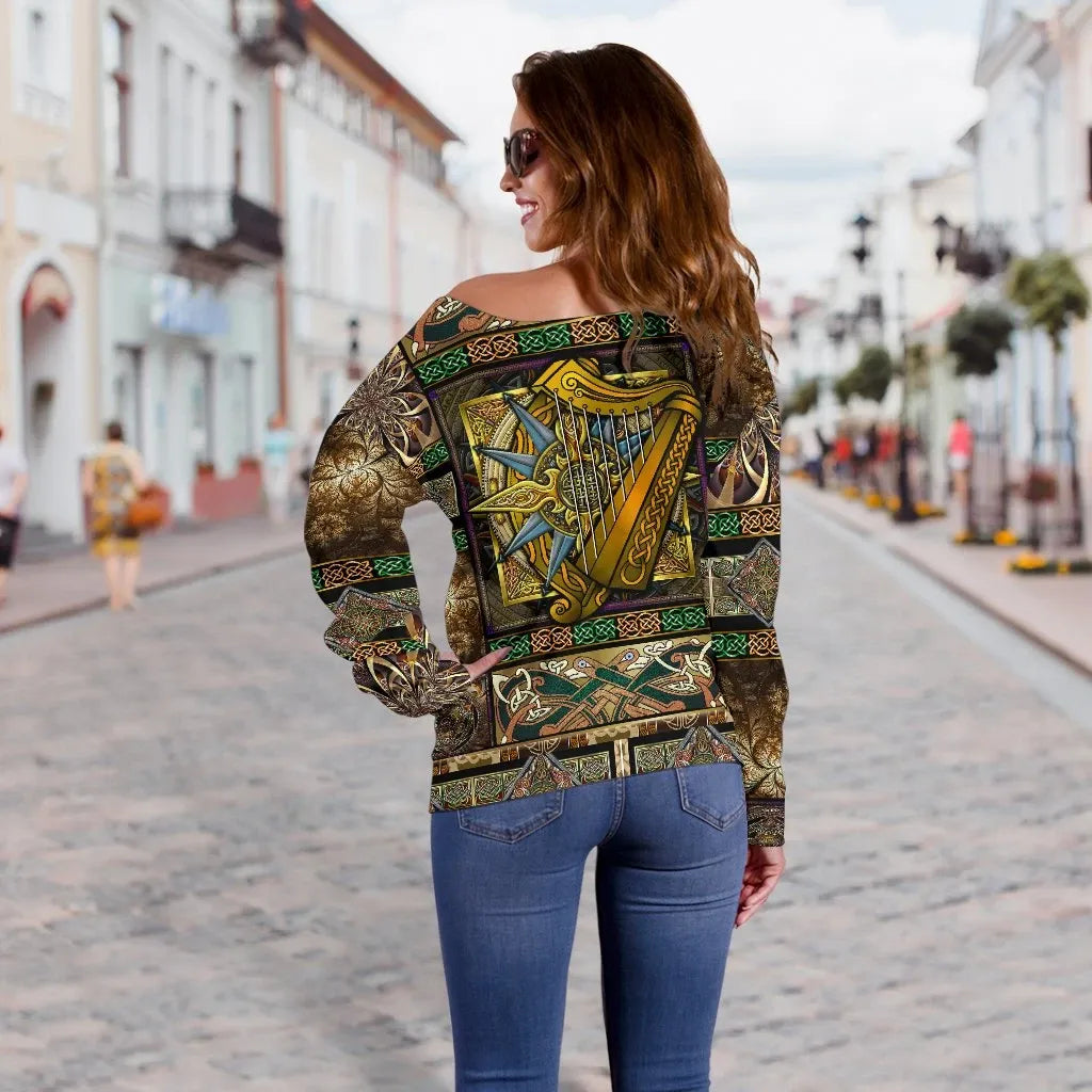 Ireland Celtic Womne's Off Shoulder Sweater Ireland Coat Of Arms With Celtic Compass