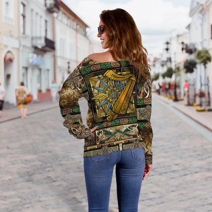 Ireland Celtic Womne's Off Shoulder Sweater Ireland Coat Of Arms With Celtic Compass