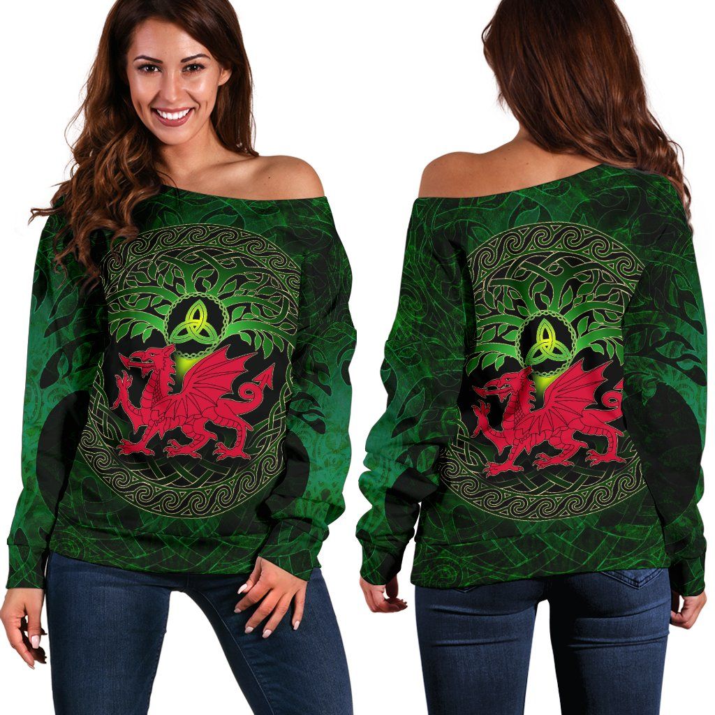Wales Celtic Women's Off Shoulder Sweater Tree Of Life & Cymru
