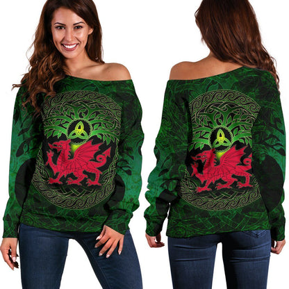 Wales Celtic Women's Off Shoulder Sweater Tree Of Life & Cymru