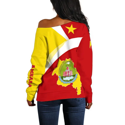 Amhara Off Shoulder Sweater Amhara Flag Maps Red