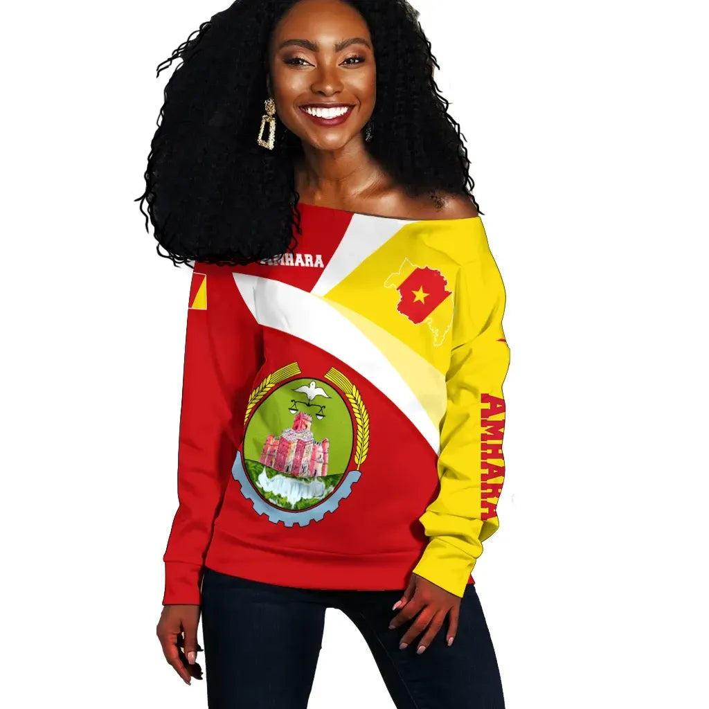 Amhara Off Shoulder Sweater Amhara Flag Maps Red