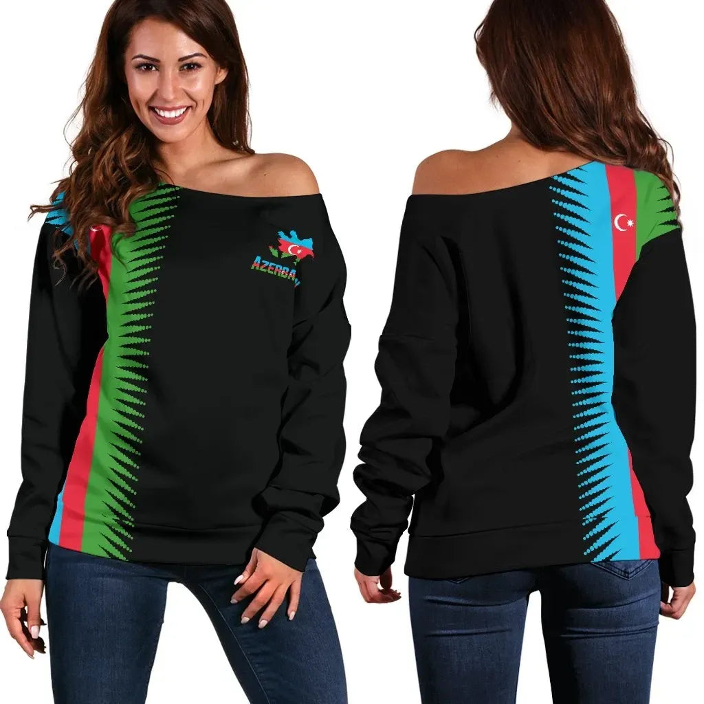 Azerbaijan Off Shoulder Sweater United Flag Black