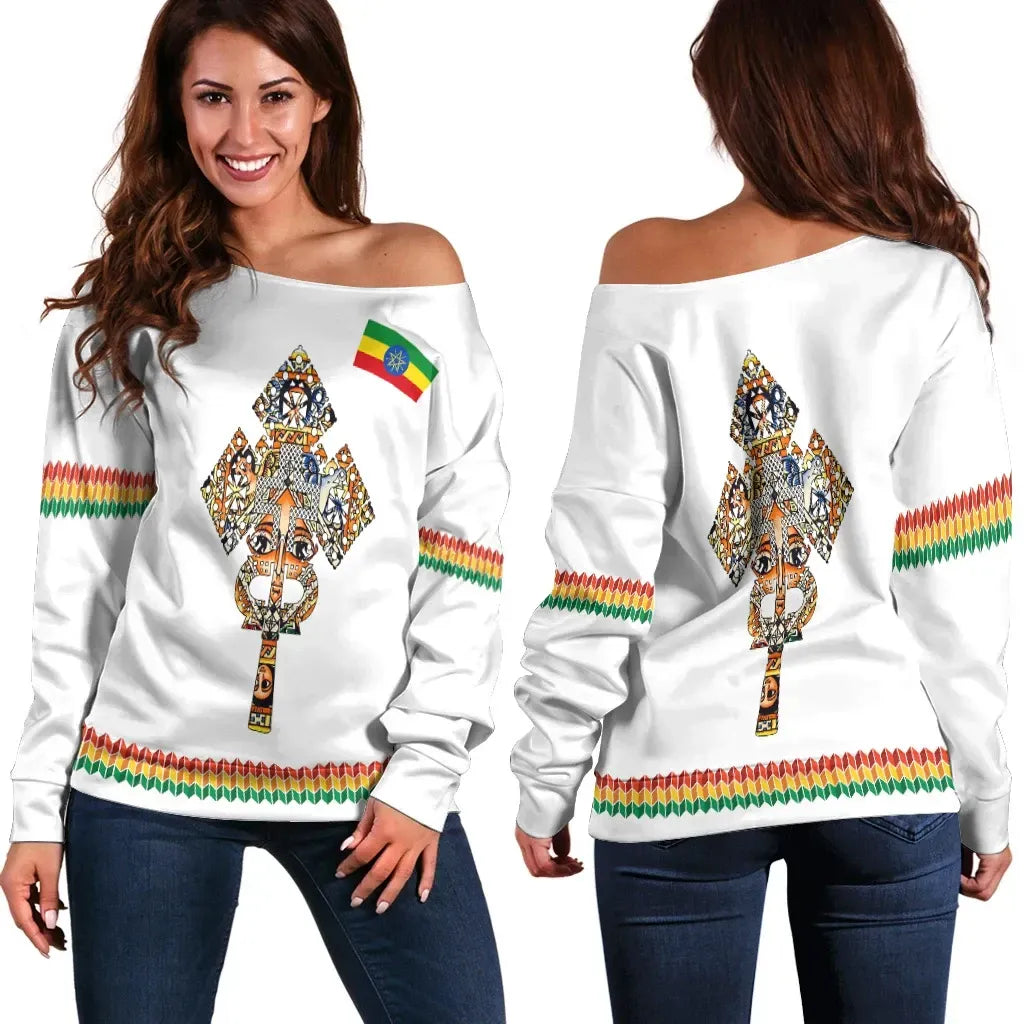 Ethiopian Off Shoulder Sweater Habesha Holy Cross White