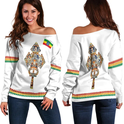 Ethiopian Off Shoulder Sweater Habesha Holy Cross White