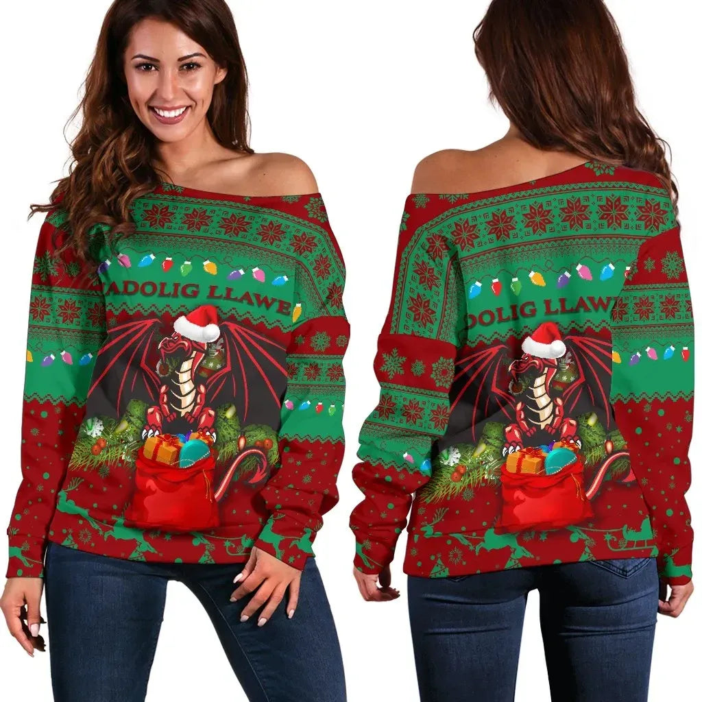 Cymru Christmas Women Off Shoulder Sweater Warm Vibes Red Green