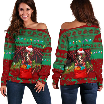 Cymru Christmas Women Off Shoulder Sweater Warm Vibes Red Green