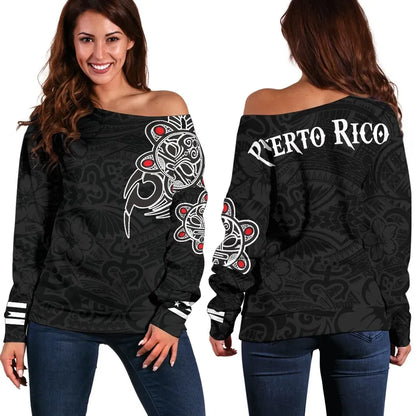 Puerto Rico Taino Sun Coqui Frog Tribal Women's Off Shoulder Sweater