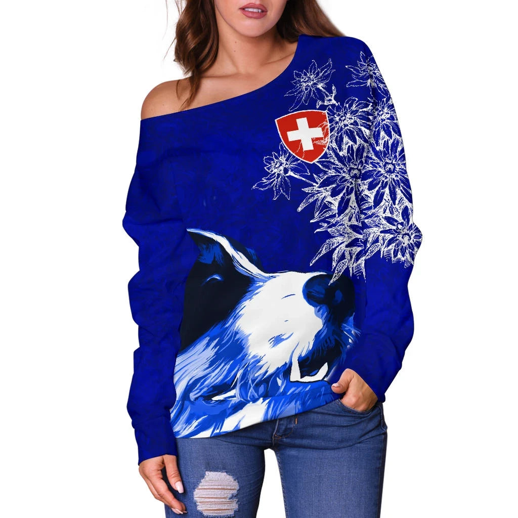 Switzerland Off Shoulder Sweater Bernese Mountain Dog and Edelweiss