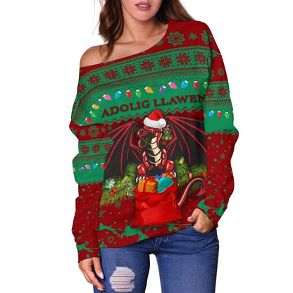 Cymru Christmas Women Off Shoulder Sweater Warm Vibes Red Green