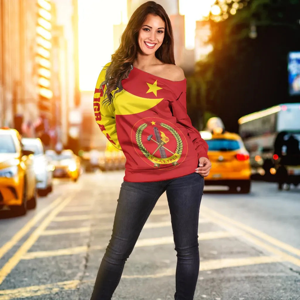 Tigray Off Shoulder Sweater Tigray Coat Of Arms Flag Lion