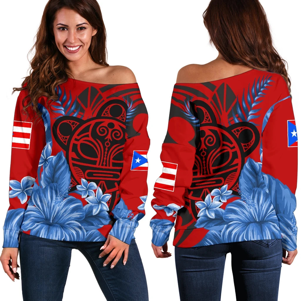 Taino Sun and Hibiscus of Puerto Rico Women's Off Shoulder Sweater Th00