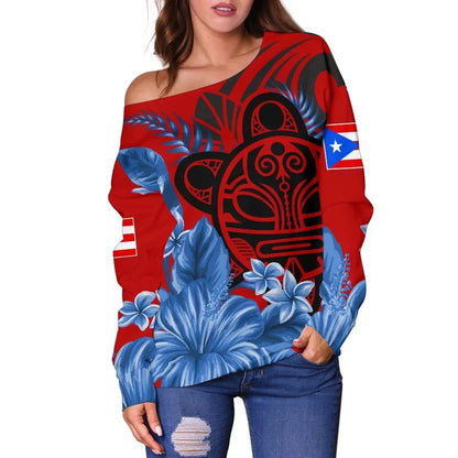 Taino Sun and Hibiscus of Puerto Rico Women's Off Shoulder Sweater Th00