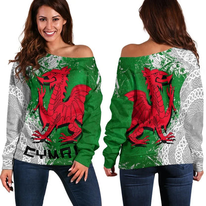 Wales Celtic Women's Off Shoulder Sweater Grunge Dragon