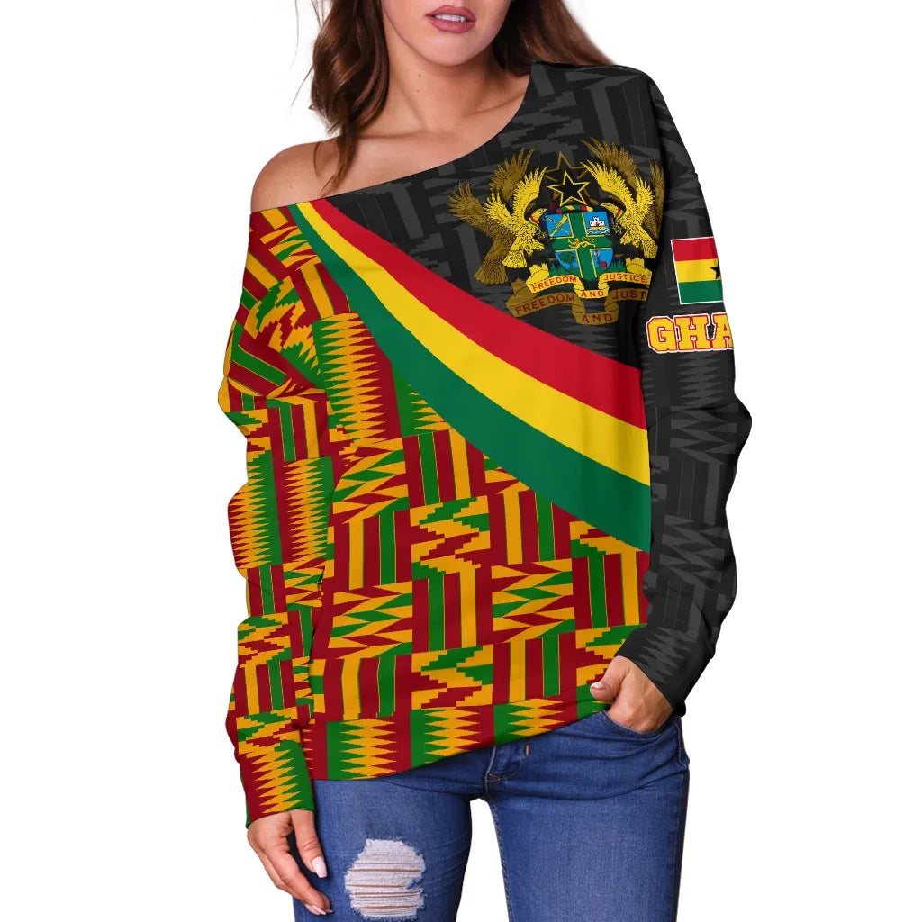 Ghana Women's Off Shoulder Sweater Ghana Coat Of Arms and Kente Patterns
