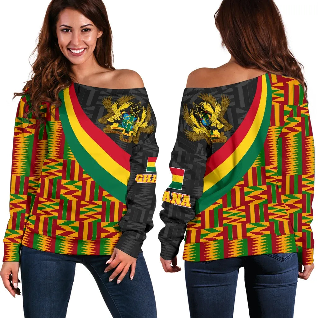Ghana Women's Off Shoulder Sweater Ghana Coat Of Arms and Kente Patterns