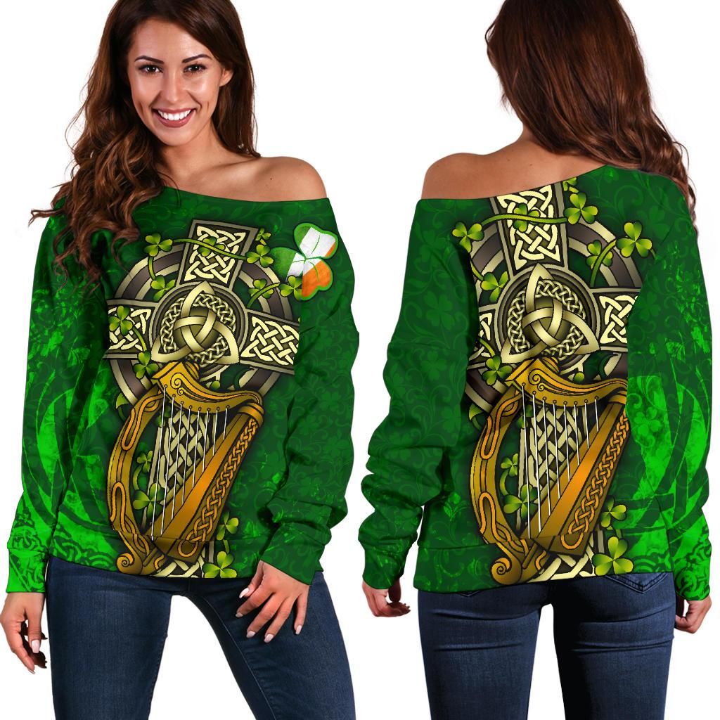 Ireland Celtic Women's Off Shoulder Sweater Ireland Coat Of Arms with Shamrock Patterns