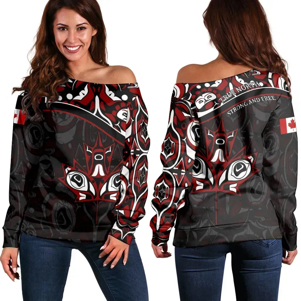 Canada Day Women's Off Shoulder Sweater Haida Maple Leaf Style Tattoo Black