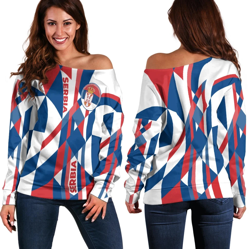 Women Off Shoulder Serbia Flag Color With Coat Of Arm