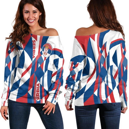 Women Off Shoulder Serbia Flag Color With Coat Of Arm