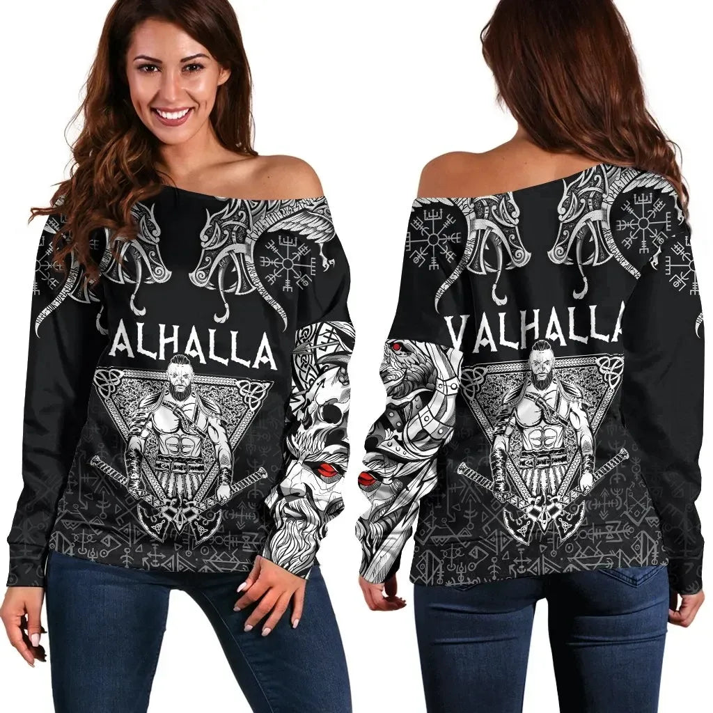Women's Off Shoulder Sweater Warrior Valhalla and Doulbe Dragon