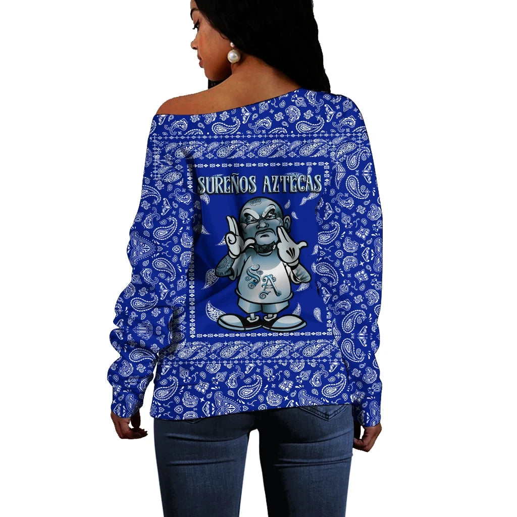 Sure√±os Aztecas Off Shoulder Sweater Blue Bandana