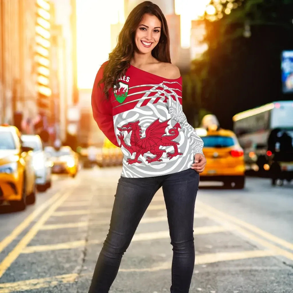 Wales Women's Off Shoulder Sweater Welsh Cymru With Celtic Patterns