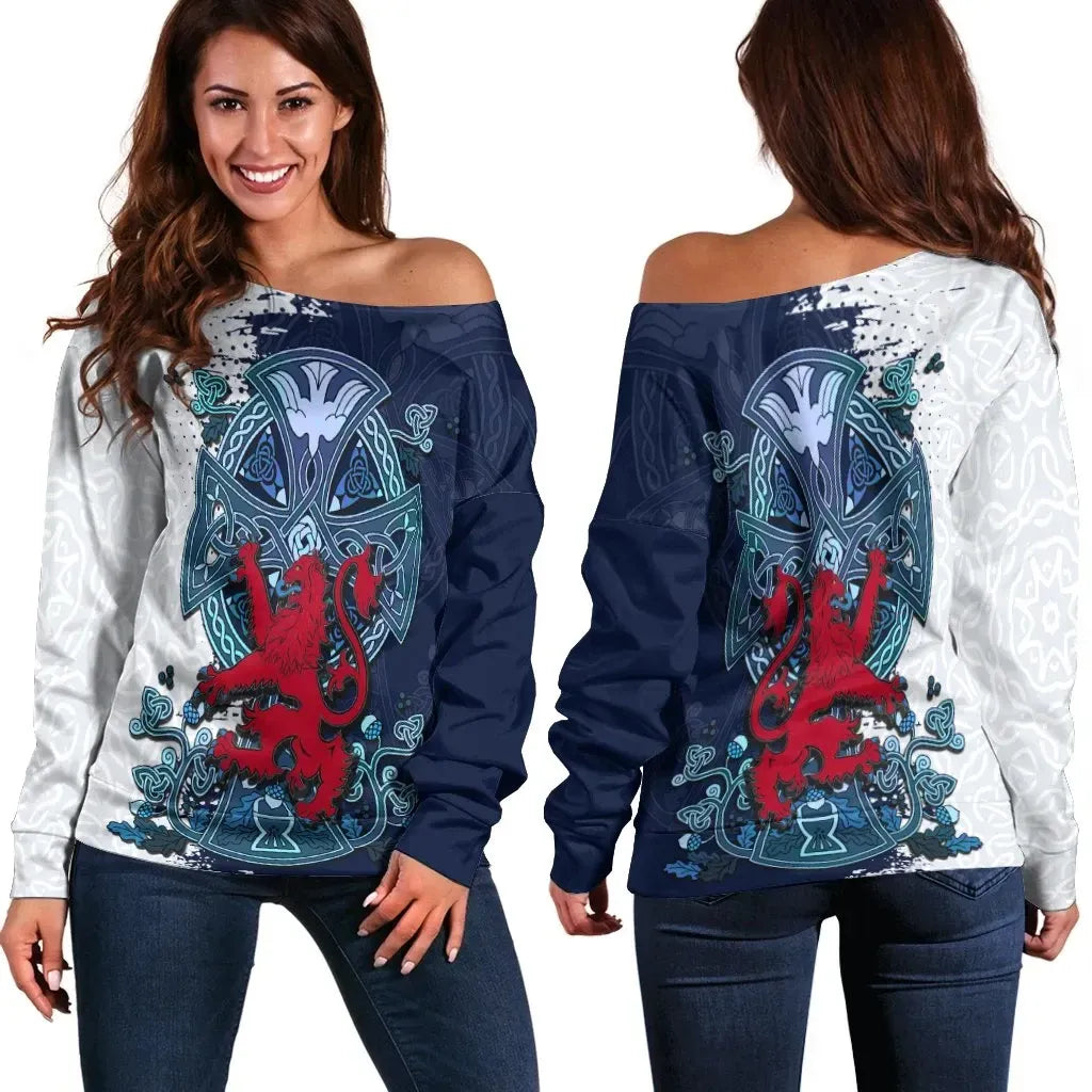 Scotland Women's Off Shoulder Sweater Lion Rampant With Celtic Cross