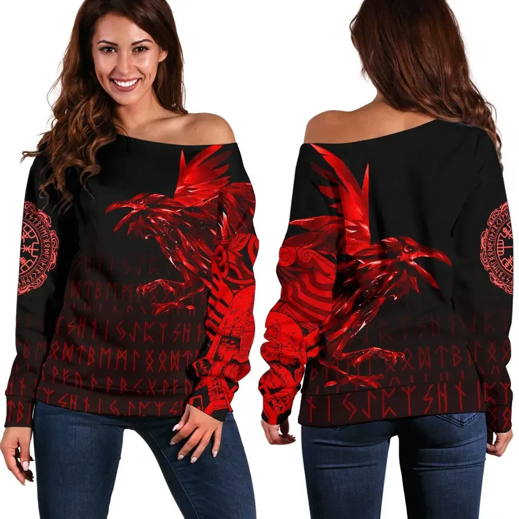 Vikings Women's Off Shoulder Sweater Raven Tattoo Style Red