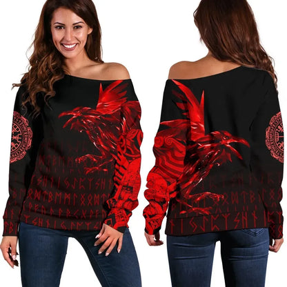 Vikings Women's Off Shoulder Sweater Raven Tattoo Style Red