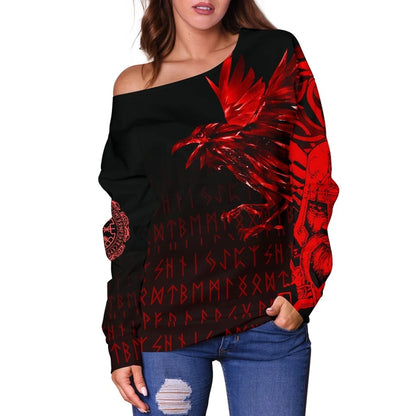 Vikings Women's Off Shoulder Sweater Raven Tattoo Style Red