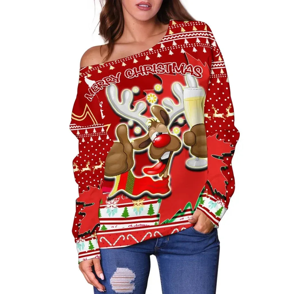 Canada Christmas Moose Off Shoulder Sweater Maple Leaf Version