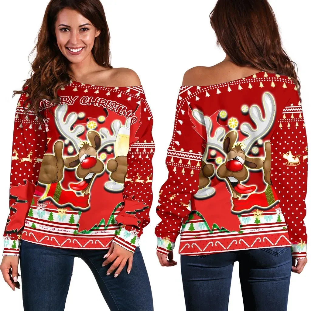 Canada Christmas Moose Off Shoulder Sweater Maple Leaf Version