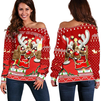 Canada Christmas Moose Off Shoulder Sweater Maple Leaf Version