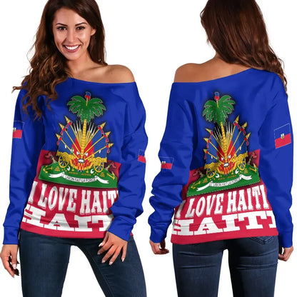 Haiti Off Shoulder Sweater Flag With Coat Of Arm Blue