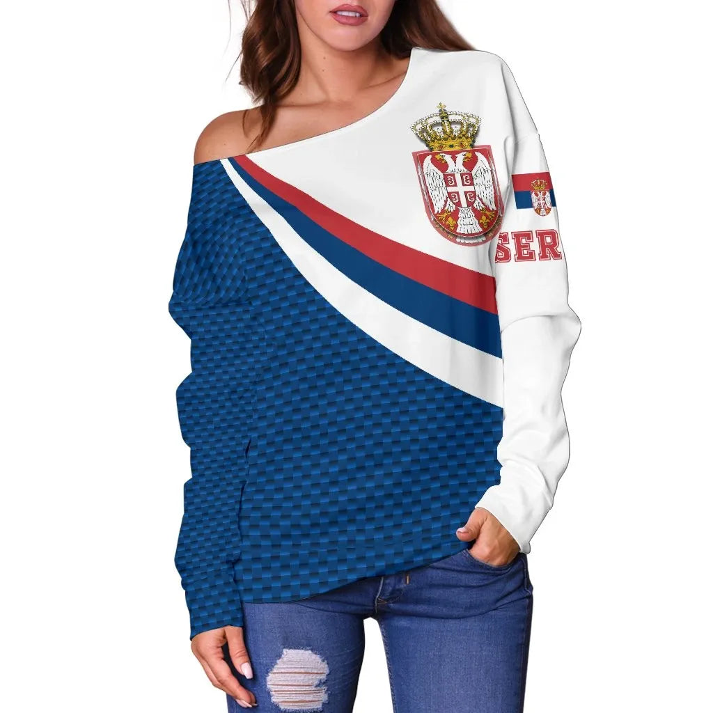 Serbia Women's Off Shoulder Sweater Serbia Flag Blue
