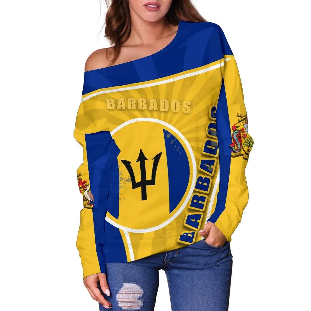 Barbados Off Shoulder Sweater Circle Stripes Flag Proud Version