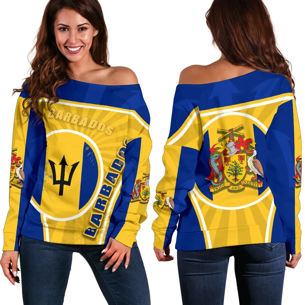 Barbados Off Shoulder Sweater Circle Stripes Flag Proud Version