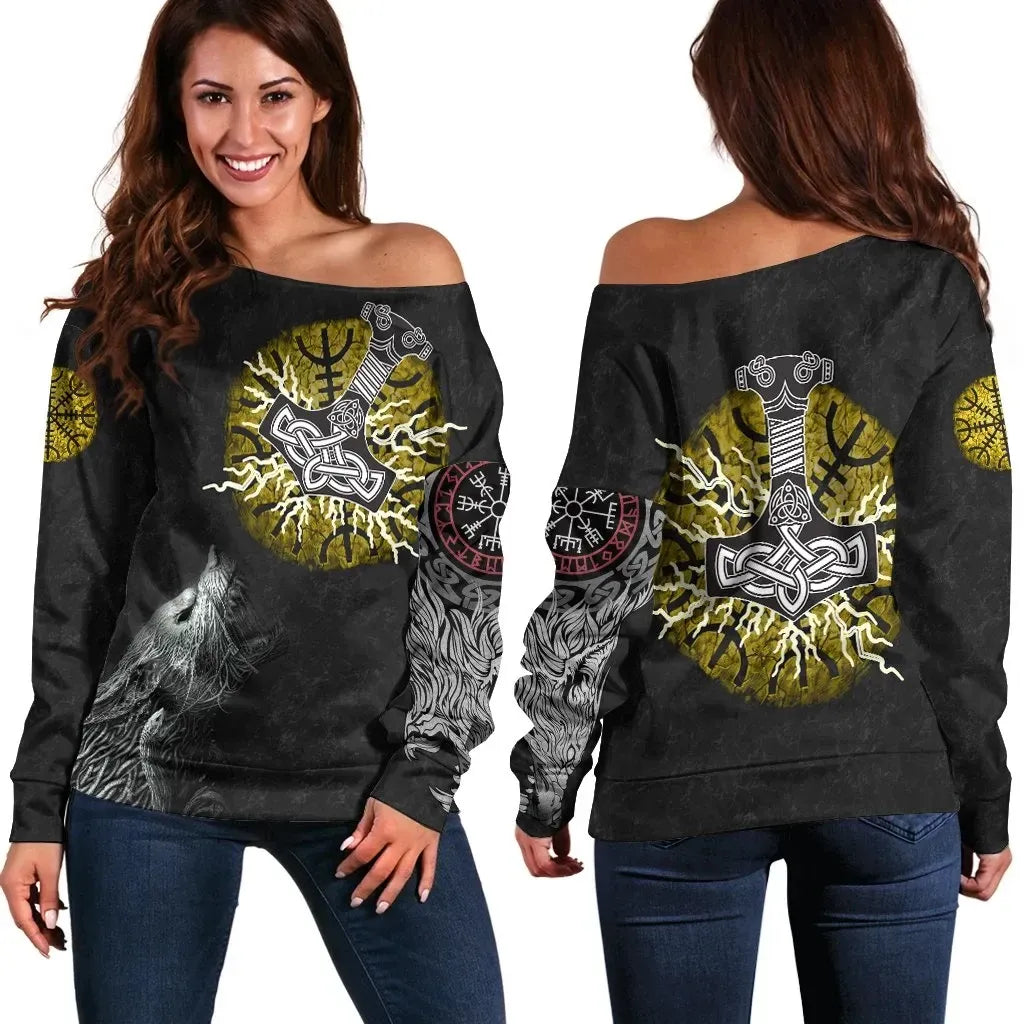 Women's Off Shoulder Sweater Fenrir Fight Mjolnir of Thor on Helm Of Awe