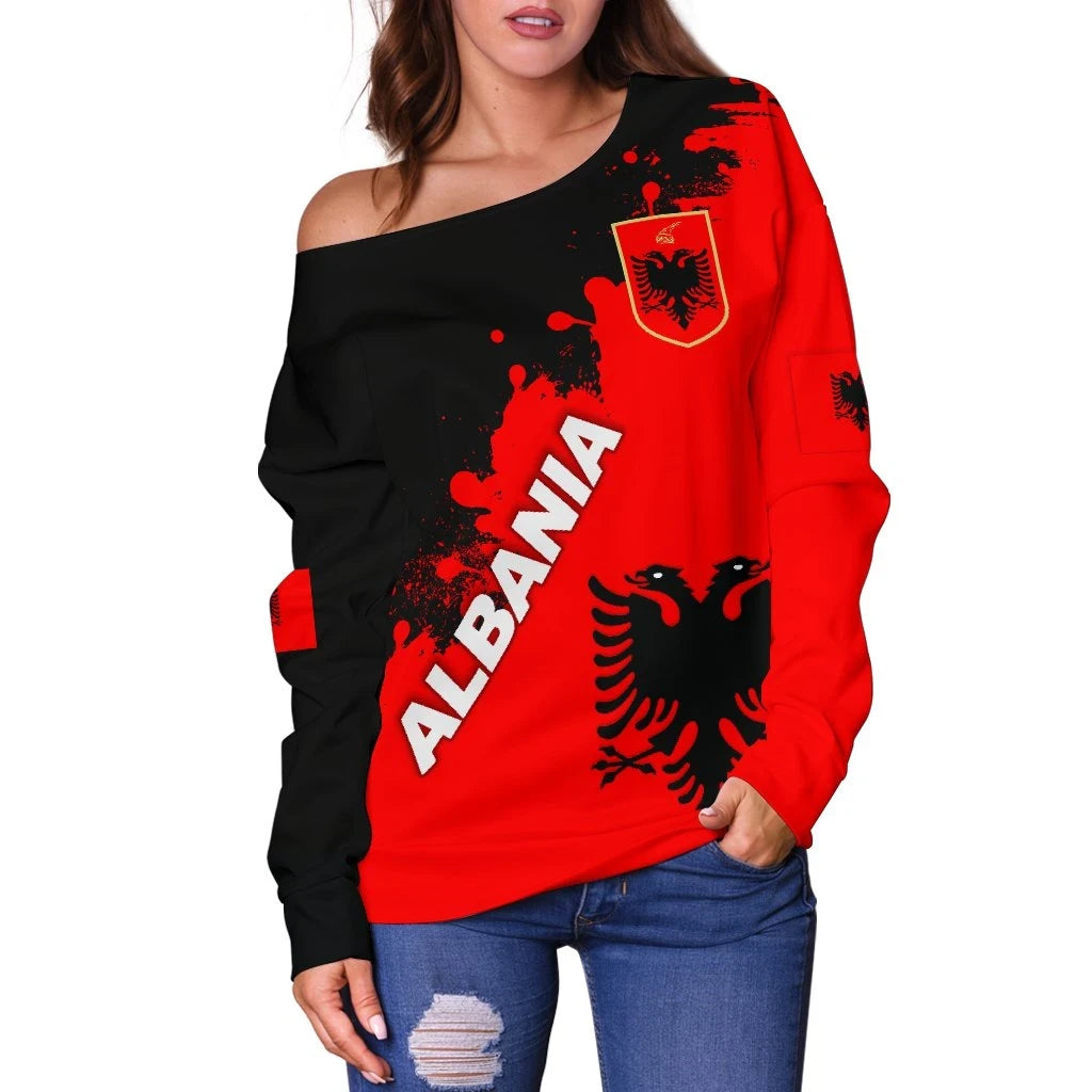 Albania Women Off Shoulder Sweater Red Braved Version