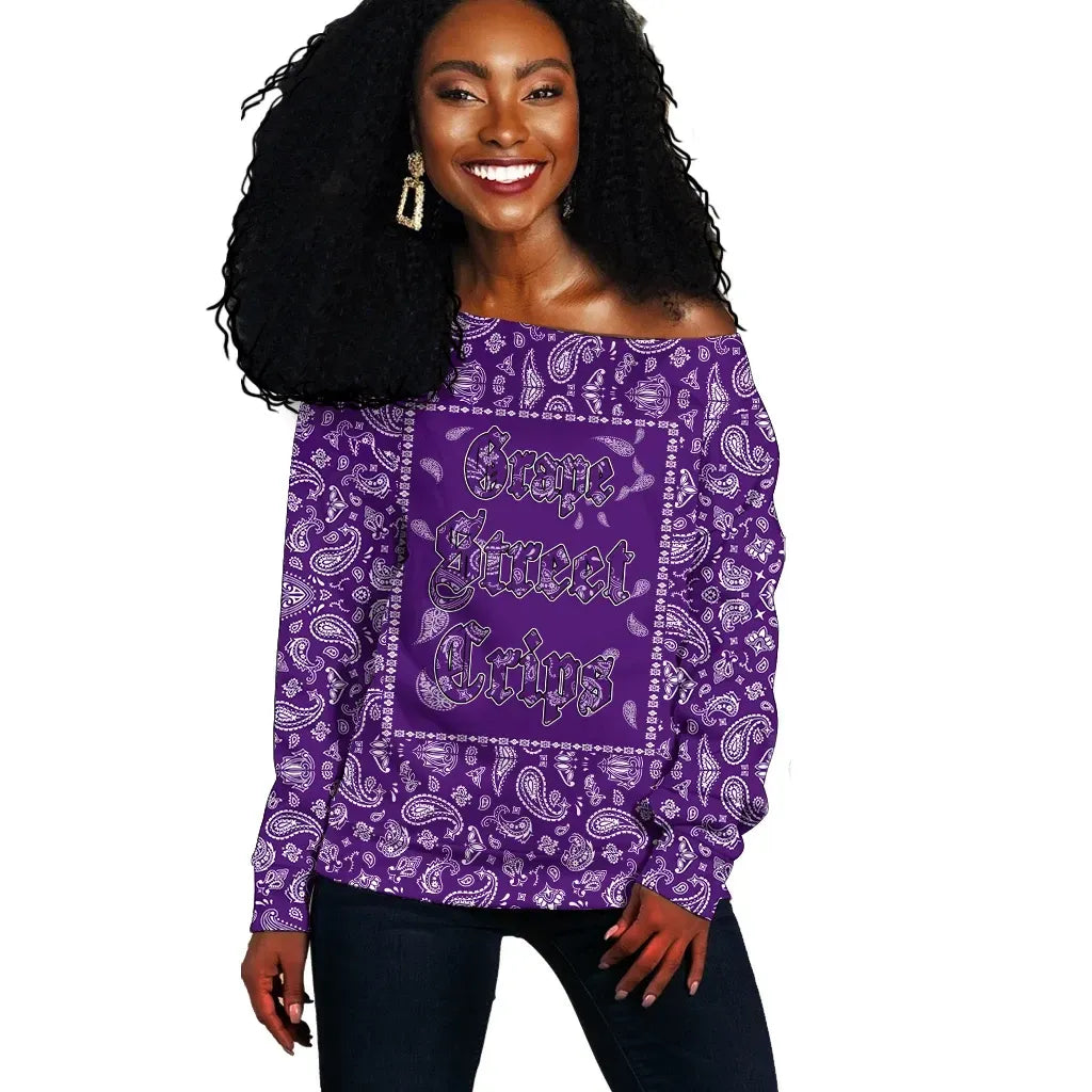 Grape Street Crips Off Shoulder Sweaters Purple Bandana