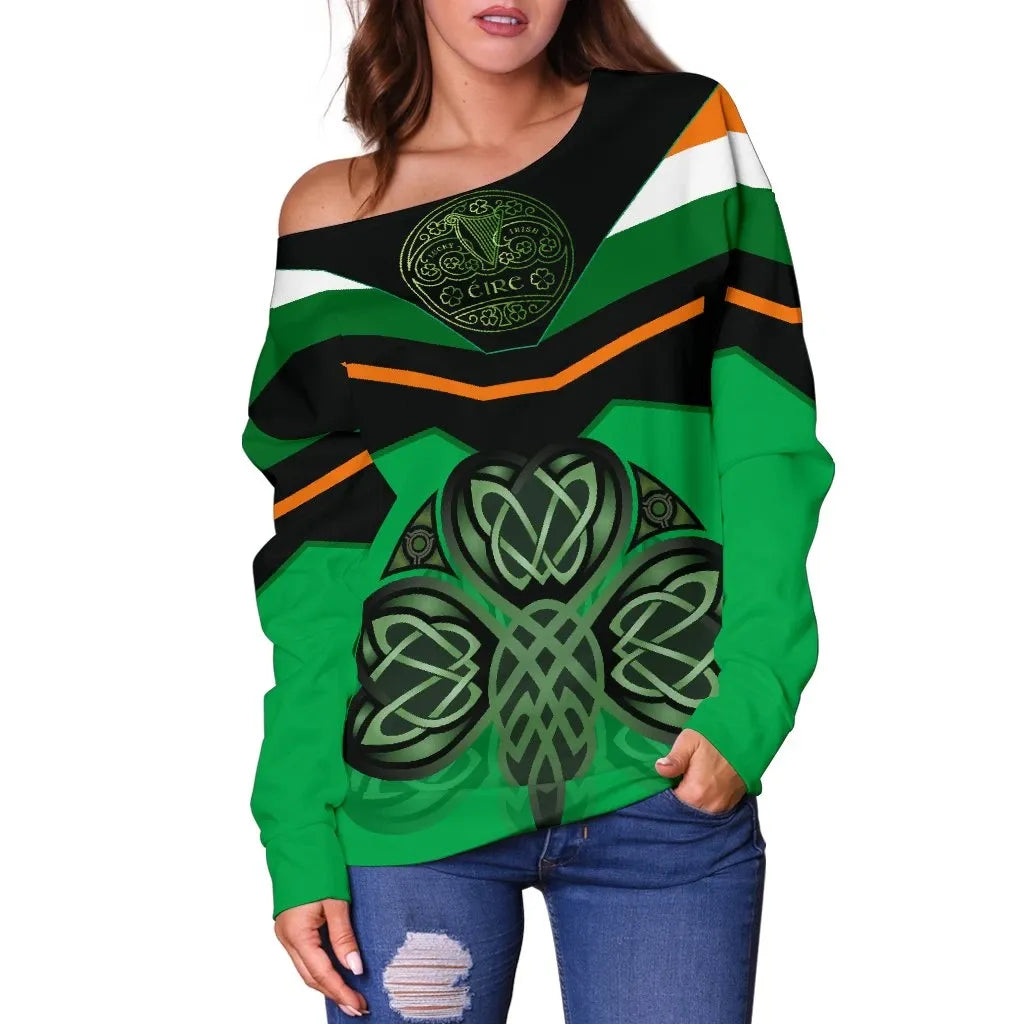 Celtic All Over Print Women's Off Shoulder Sweater Irish Shamrock With Celtic Patterns