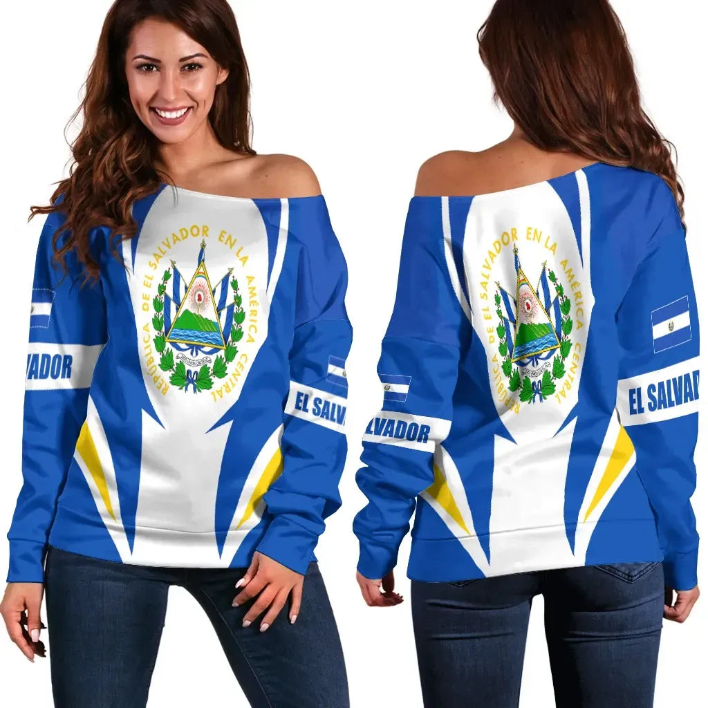 El Salvador Off Shoulder Sweater Action Flag