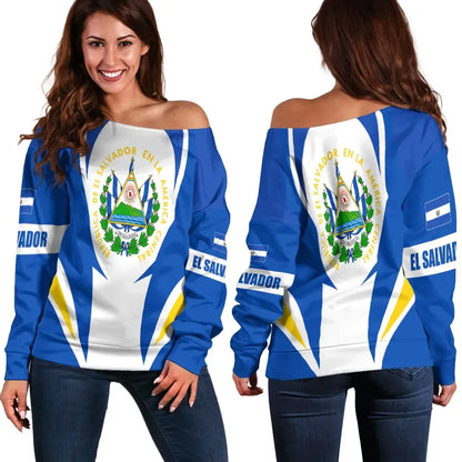 El Salvador Off Shoulder Sweater Action Flag