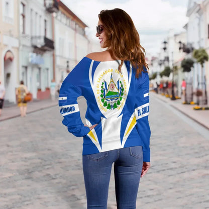 El Salvador Off Shoulder Sweater Action Flag