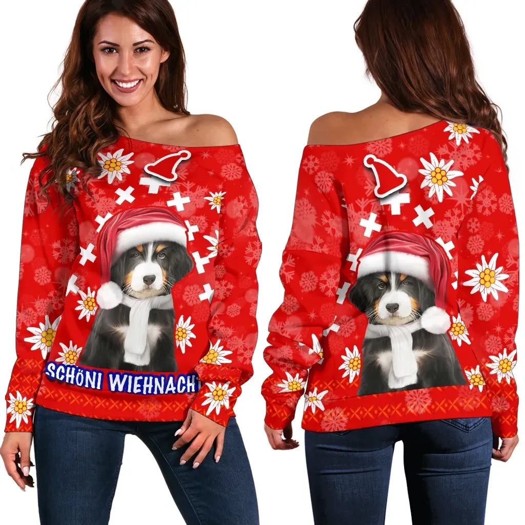 Christmas Edelweiss Switzerland Off Shoulder Sweater Bernese Mountain Dog