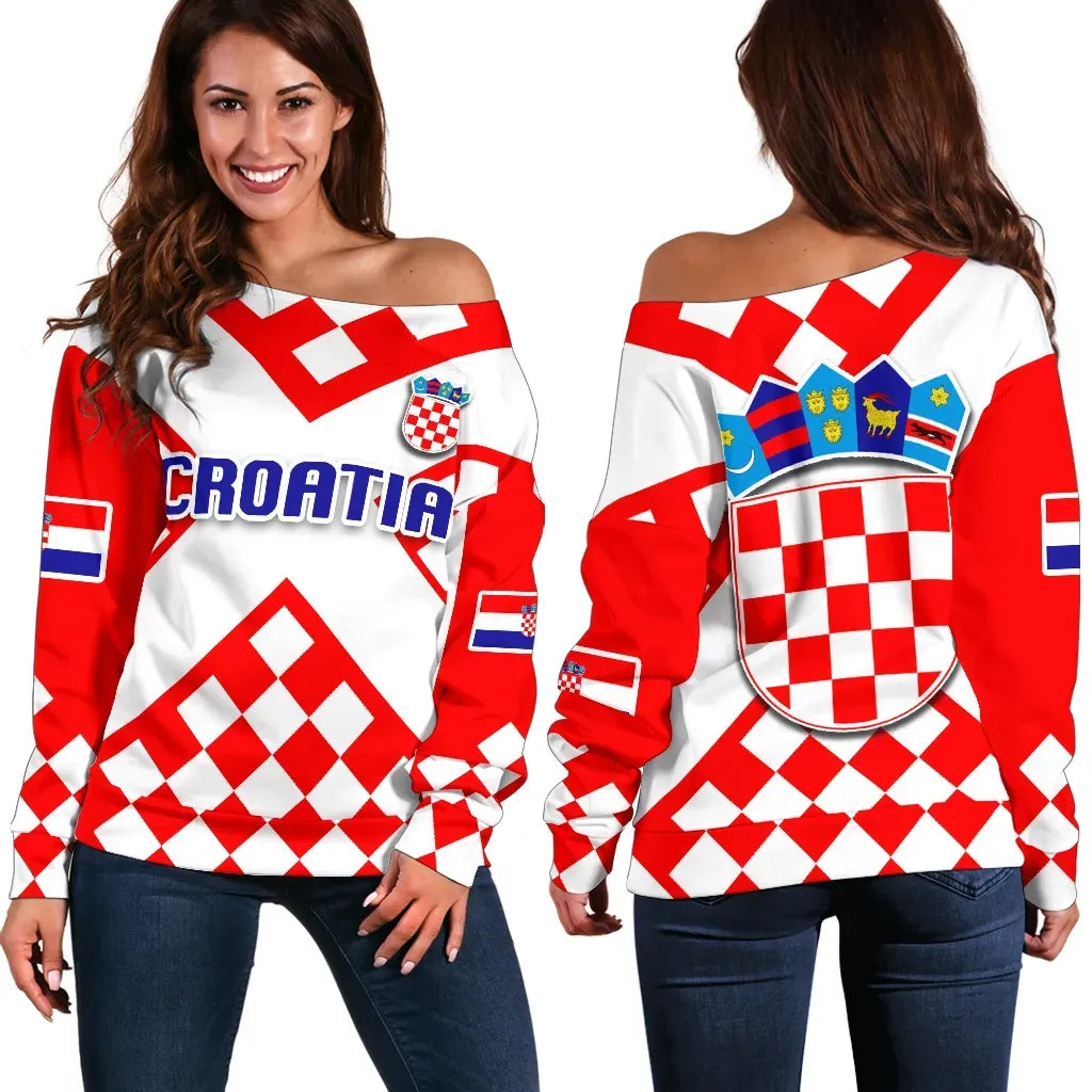 Croatia Checkerboard Off Shoulder Sweater Style Flag