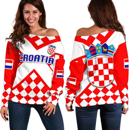 Croatia Checkerboard Off Shoulder Sweater Style Flag