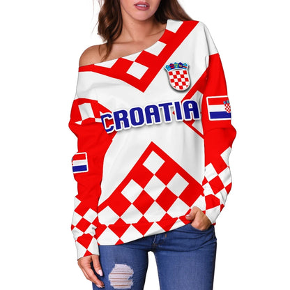 Croatia Checkerboard Off Shoulder Sweater Style Flag