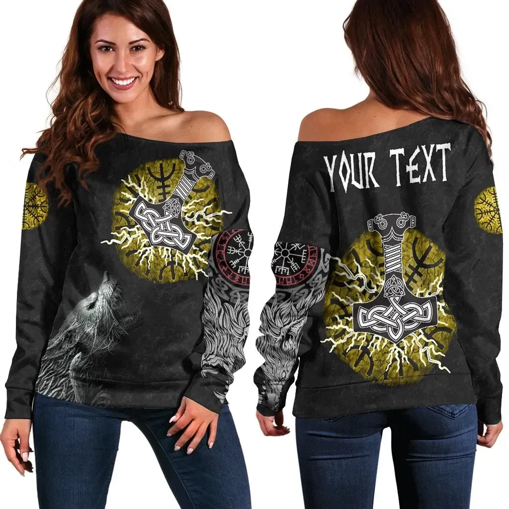 Custom Women's Off Shoulder Sweater Fenrir Fight Mjolnir of Thor on Helm Of Awe